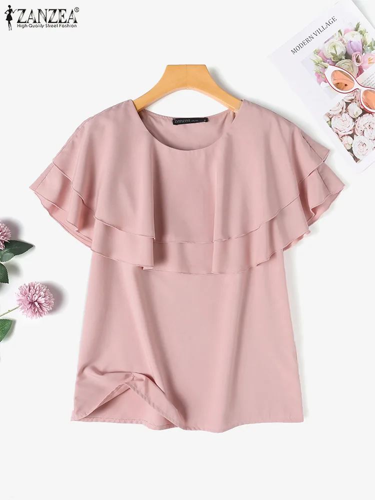 ZANZEA Women Shirts Vintage Round Neck Short Sleeve Blouses Fashion Double Ruffled Stitching Blusas Casual Pleated Solid Tops