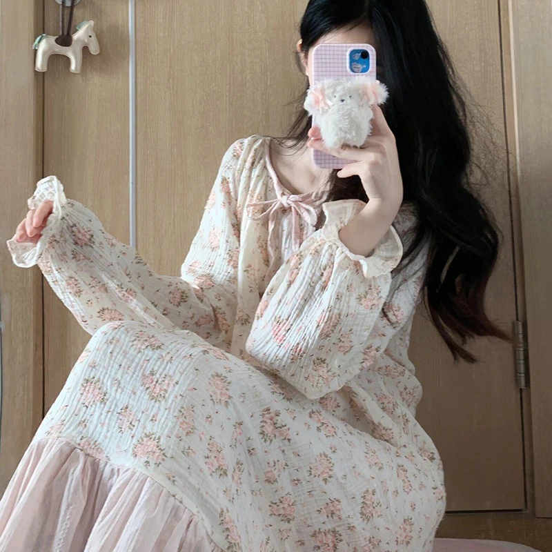 Floral Women Nightgown Korean Sleepwear Square Collar Nightwear Ruffle One Piece Pajamas Ruffles Autumn Sleeping Night Dress New