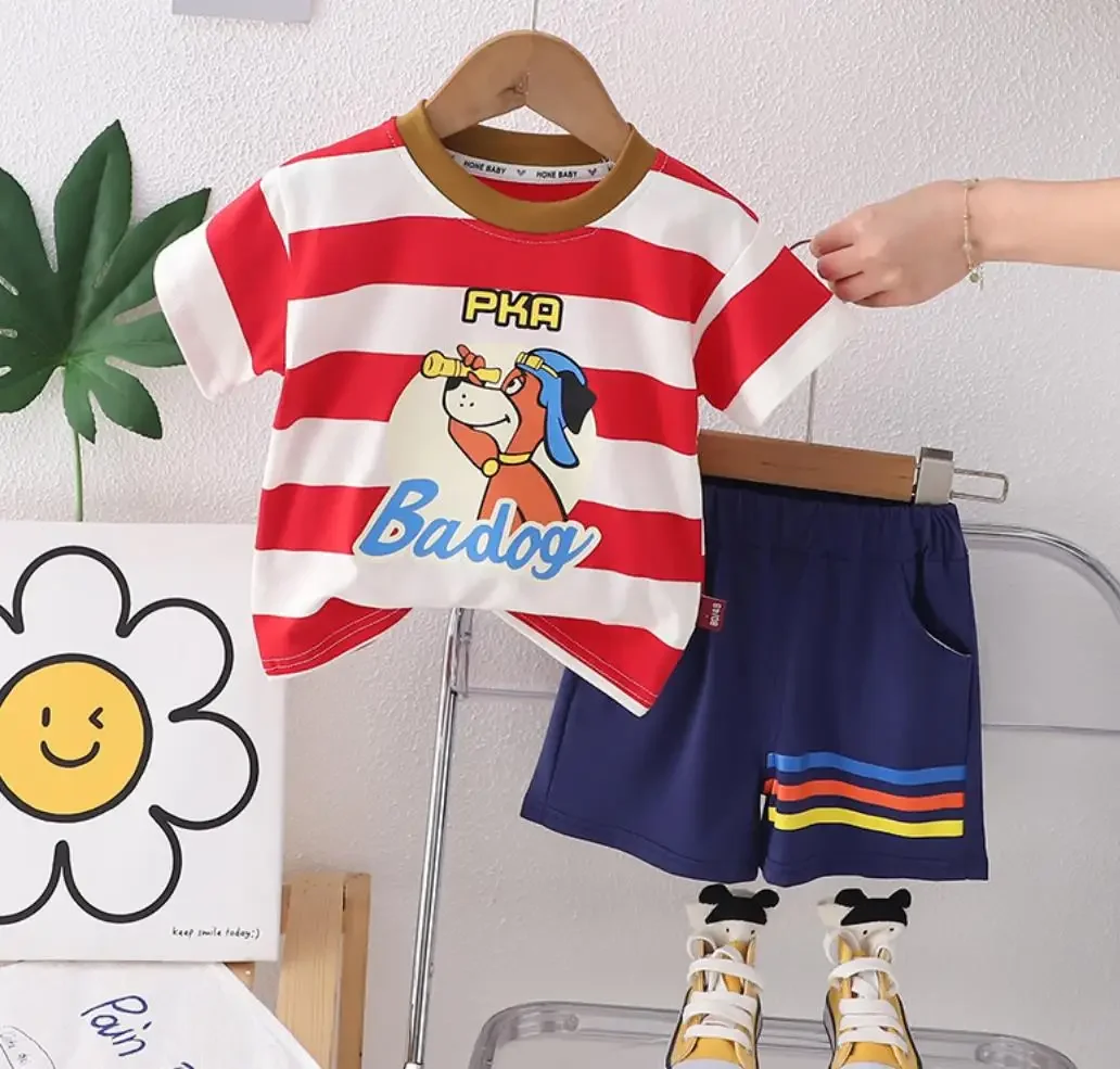 Baby Boys Summer Clothing 2024 Fashion Handsome Striped O-neck Short Sleeve T-shirts and Shorts Toddler Outfits Kids Bebe Sets