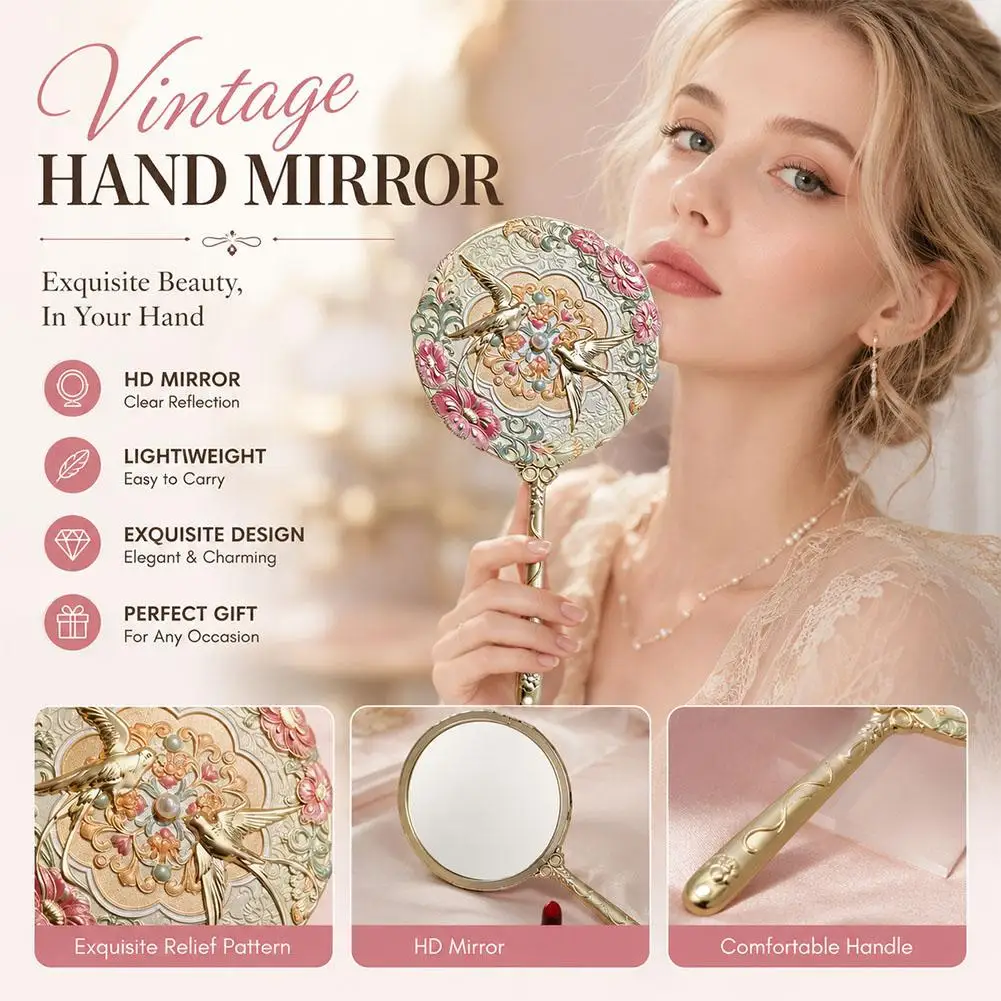 Vintage Chinese Style Mirror With Handle Peony Delicate Flower Mini Mirror Cosmetic Tools Pocket Make-up Mirror