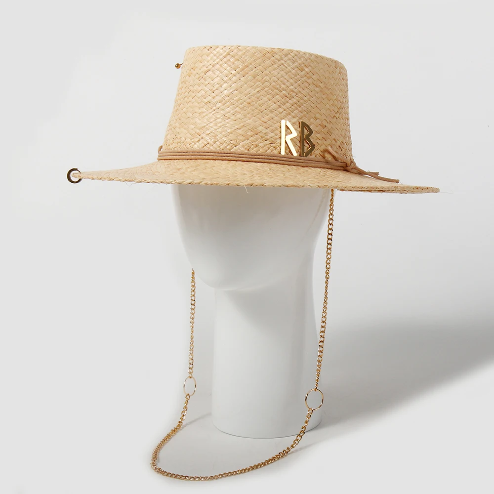 Luxury Designer Chain Straw Hats For Women Handmade Raffia Sun Hats Summer Shade Beach Hats Ladies Party Cap