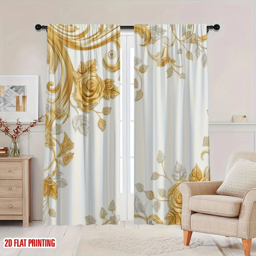 2pcs Luxury Golden Rose Curtains Embossed Floral Window Drapes Elegant Baroque Flower Art Decor Living Room Bedroom