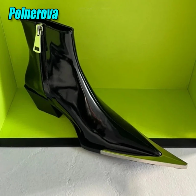 Novelty Metal Pointed Toe Chelsea Boots for Women Fashion Thick Heel Patent Leather Side Zipper Ankle Boots Party Women's Shoes