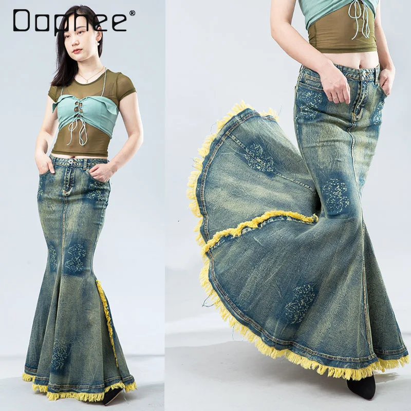 

Vintage Long Maxi Denim Mermaid Skirt Women Y2k Streetwear Tassels Slim Jeans Long Skirts High Waist Female Retro Hip Skirts