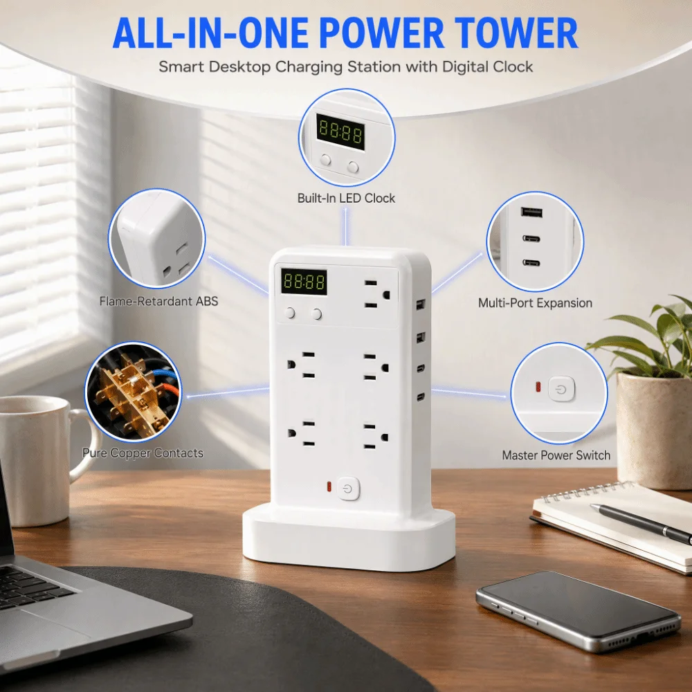 Flame-Retardant ABS Power Strip Tower Pure Copper Conductive 30 Sockets Desktop Extension Socket Built-in Digital Clock