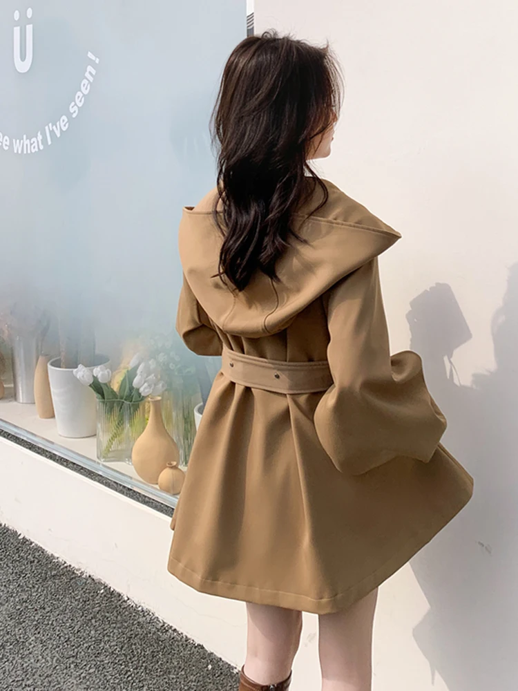 LANMREM Elegant Khaki Trench For Women Hooded Puff Sleeves Solid Color Lace-up Gathered Waist Coat 2024 Autumn New 2Z2519