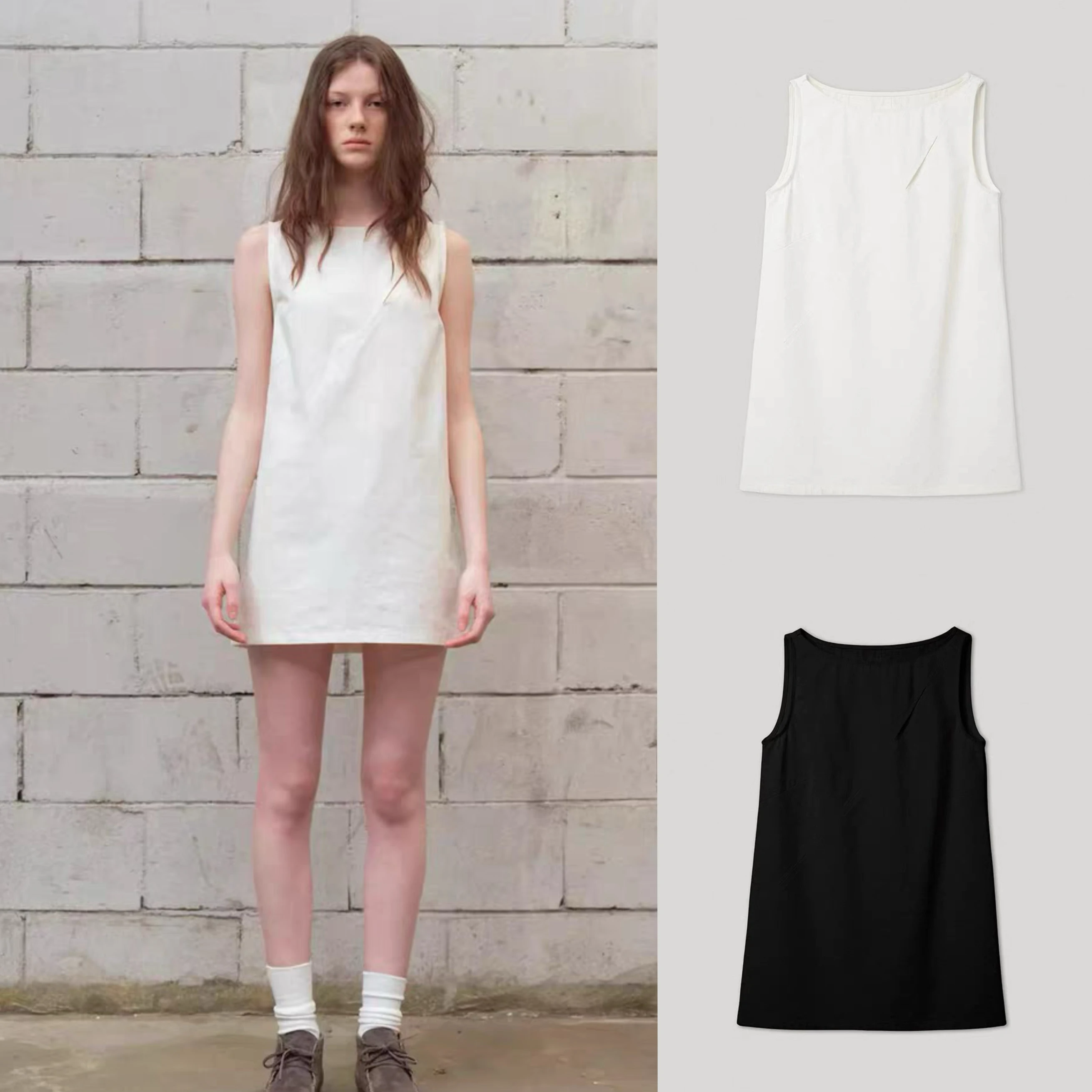 Vestido f de aodão, cor sólida, com design de saia curta simples, sem mangas, com recortes em camadas e estilo verão.