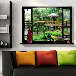 Removable 3D Wooden Window Art Chinese Garden Zen Pavilion Vinyl Wall Stickers for Living Room Bedroom Relaxing Home Decoration