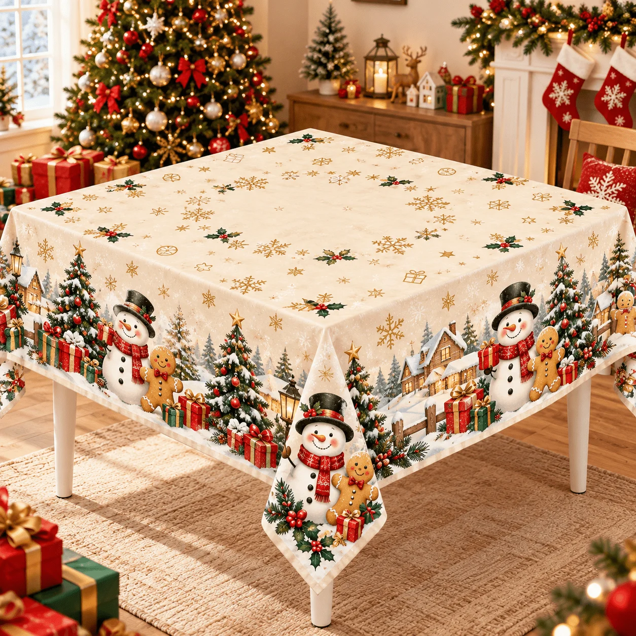 1 square tablecloth, Christmas snowman, gingerbread man, Christmas tree gift, snowflake pattern polyester tablecloth