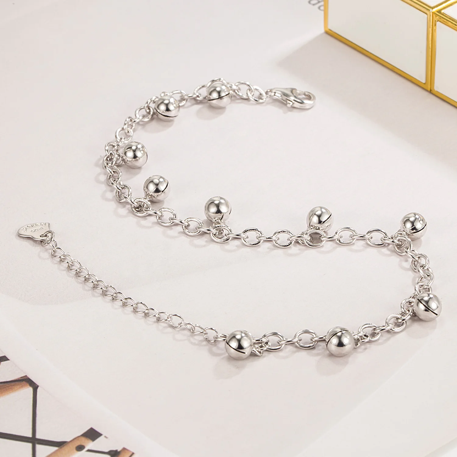Women's 925 Sterling Silver round Bead Chain Anklet Cute Bell Drop Design Delicate y Temperament Jewelry Simplicity for Sandals