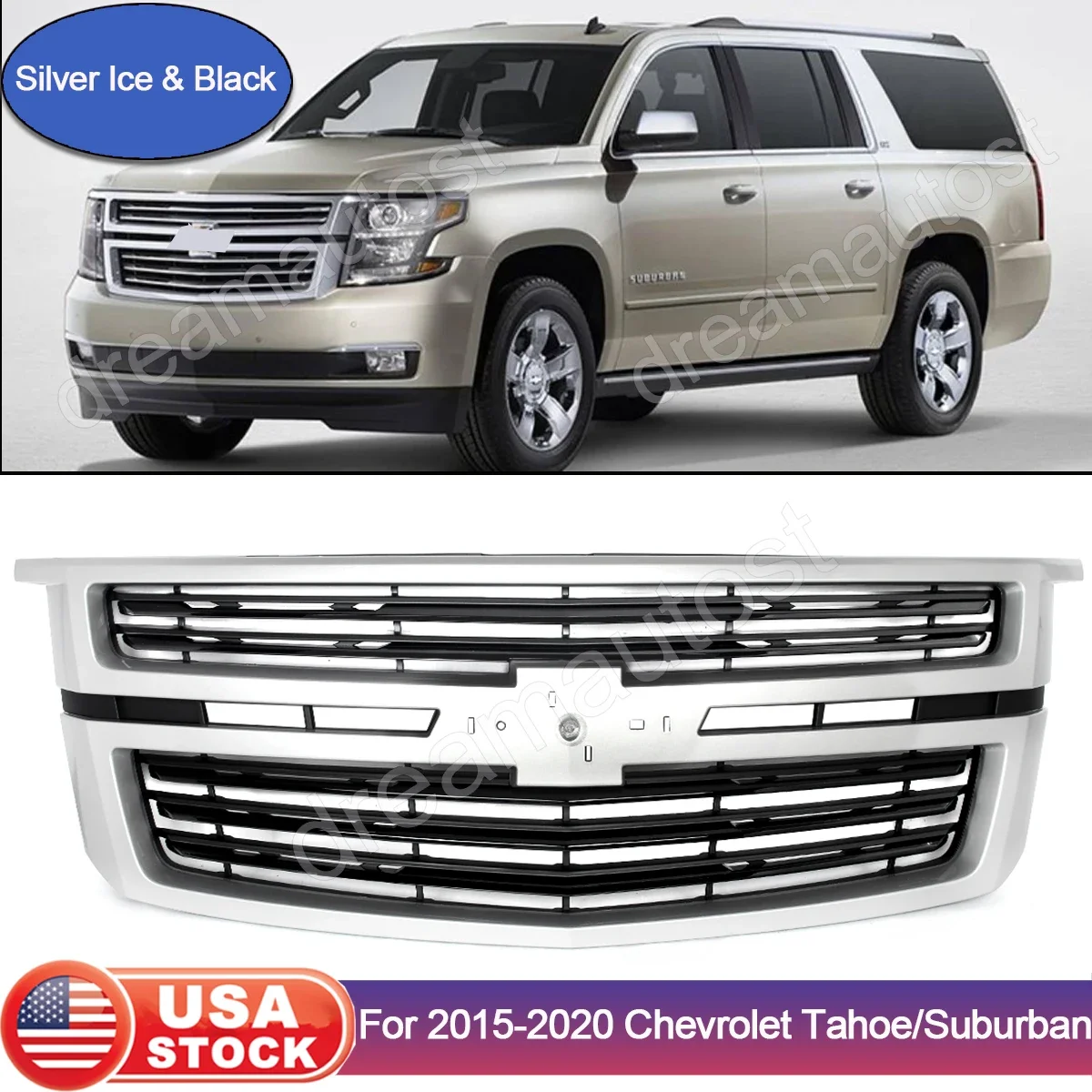 Silver Front Upper Grille For 2015-2020 Chevy Tahoe/Suburban LTZ Style Front Bumer Grille Hood Grills Modified Grill Accessories