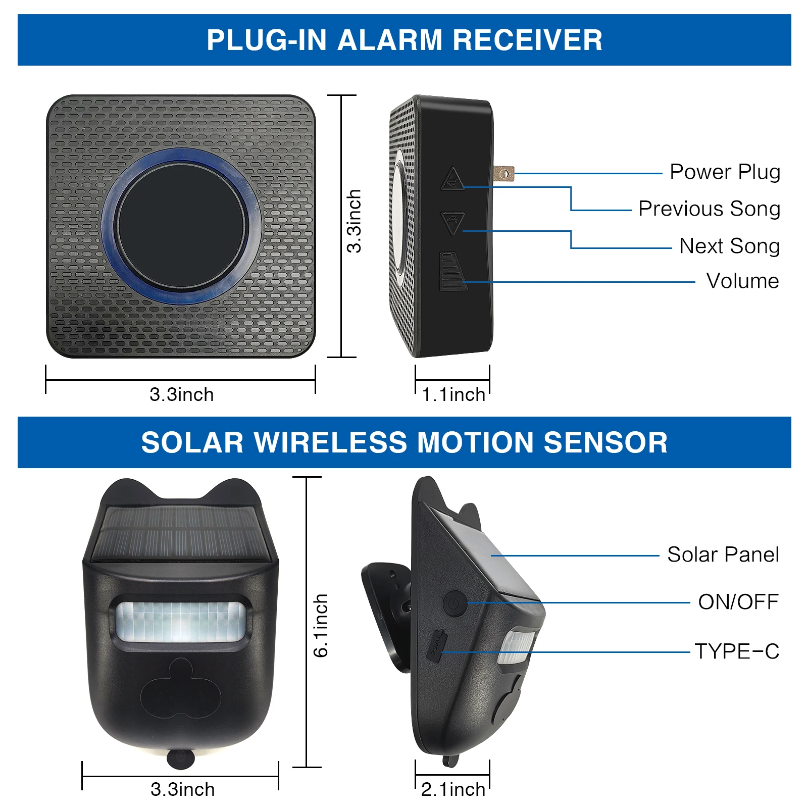 Wireless Call Chime Set, Motion Detection, Sensor Alarm,Radio Reception Distance 300 m, Solar Rechargeable Wireless Alarm