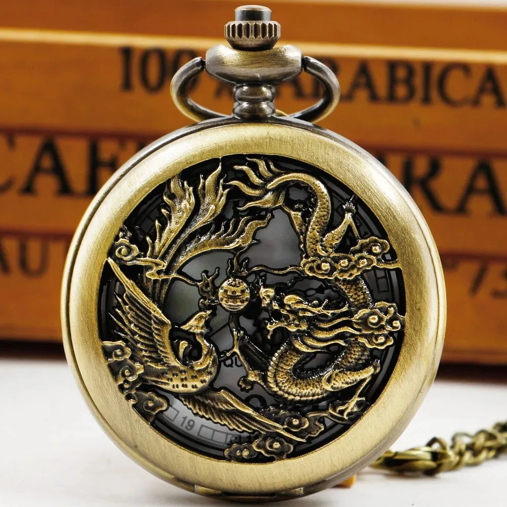 Vintage Hollow Dragon Quartz Pocket Watch Fashion Charm Silver Bag Man Woman Watch Necklace Pendant With Chain Gift
