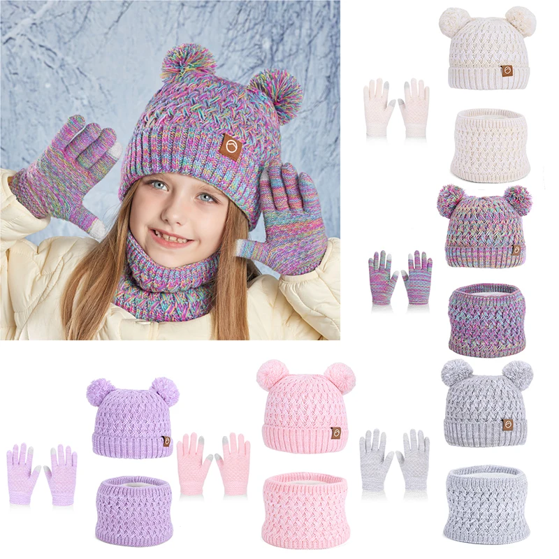 

Winter Kids Hats Scarf Gloves Set Cute Pompom Colorful Knitted Hat Plus Velvet Warmer Beanie for Girls Outdoor Accessories 4-10Y