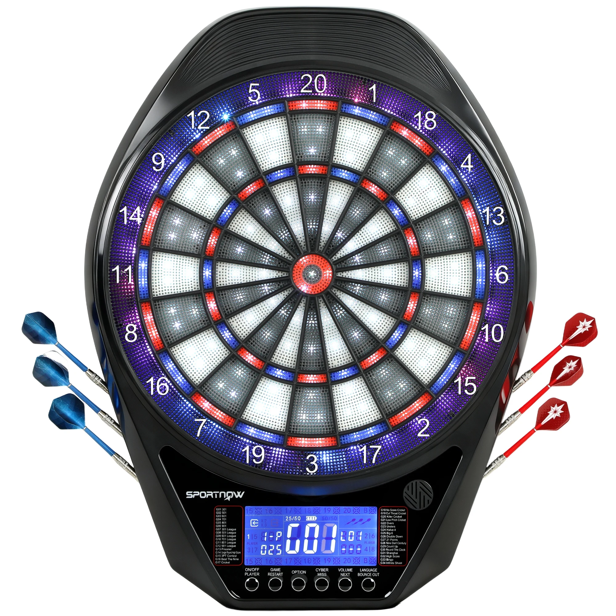 Sportnow Elektronische Dartscheibe mit 6 Darts und 24 LED-Bildschirmen mit weichen Spitzen, 34 Spiele und 2235 Programme, 60,5 x 45,5 x 3,6 cm, mehrfarbig