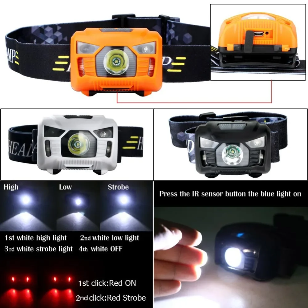 Mini USB Rechargeable LED Headlamp head light IR Motion Sensor Headlight 3000 Lumen Camping Torch Lamp lantern