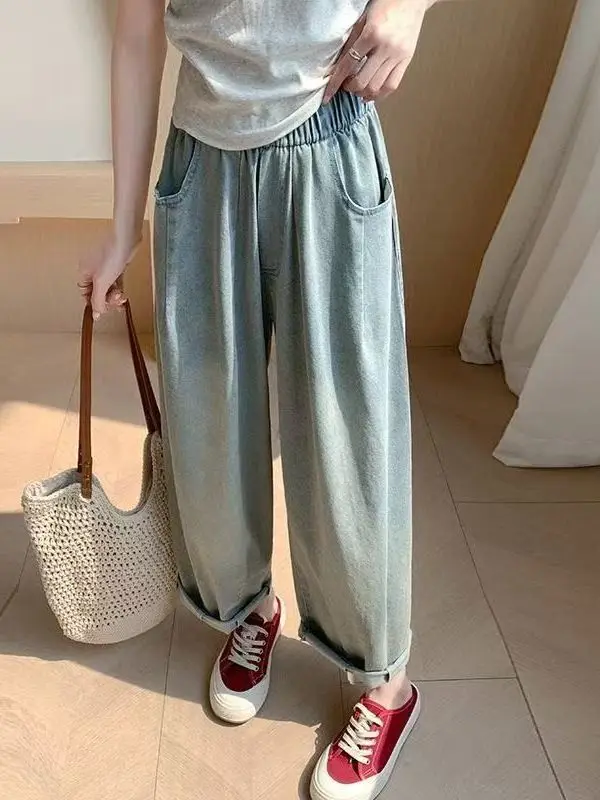 

High Waist Wide Leg Jeans Women's Casual Harlan Nine Point Straight Leg Jeans Thin Cotton Polyester Blend Summer Blue