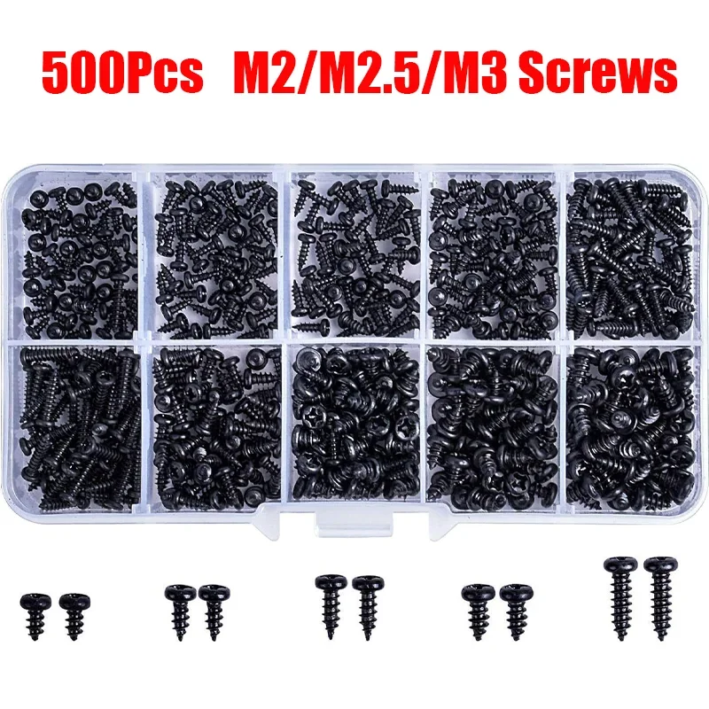 500Pcs Self Tapping Screws Black Cross Head Small Screw Set Micro Phillips Screws M2.5 M2 M3 Carbon Steel Screw for Woodworking