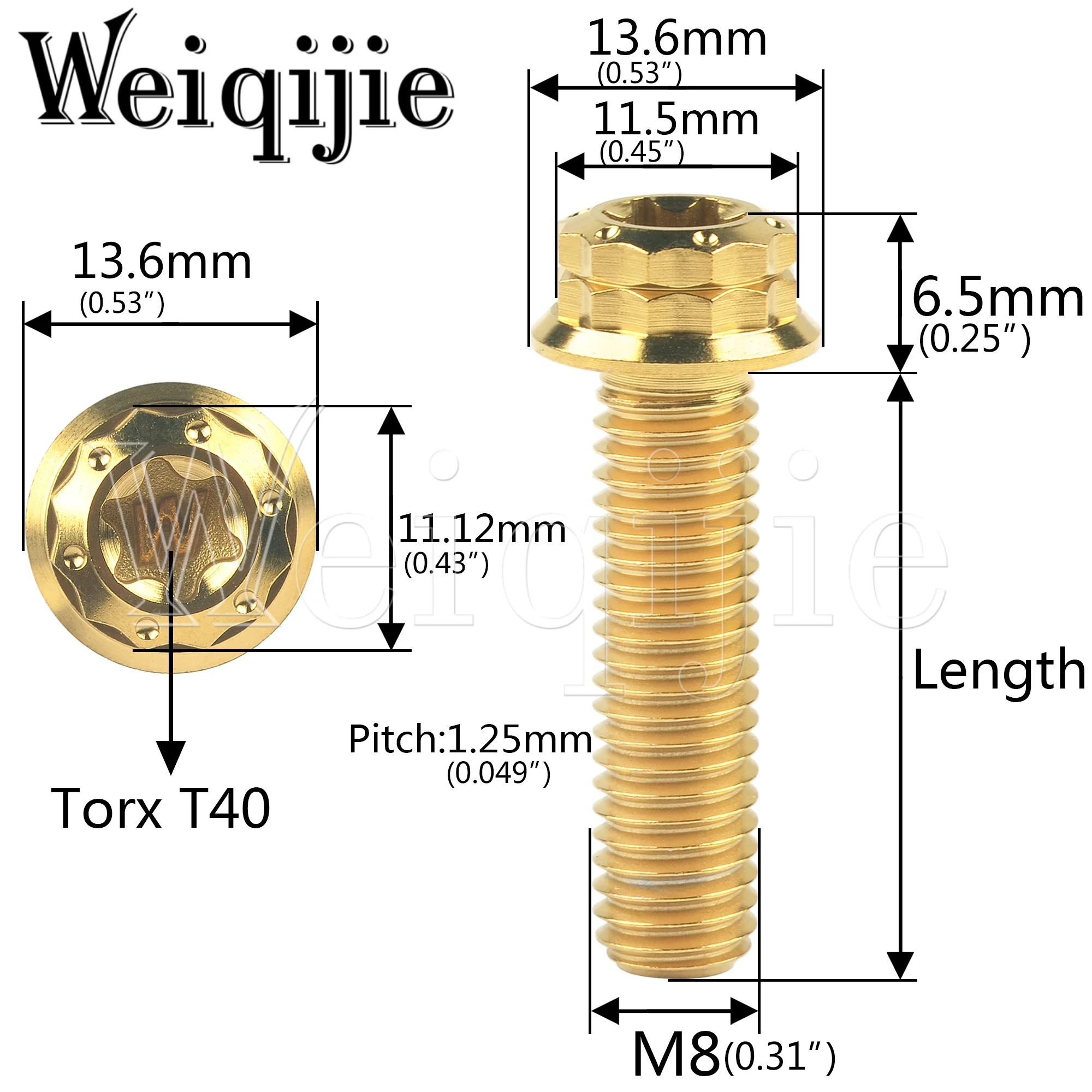 Weiqijie-pernos de titanio M8x15-80mm, paso de 1,25mm, cabeza de brida de 12 puntos, tornillos Torx 40 para reequipamiento de calibre de motocicleta