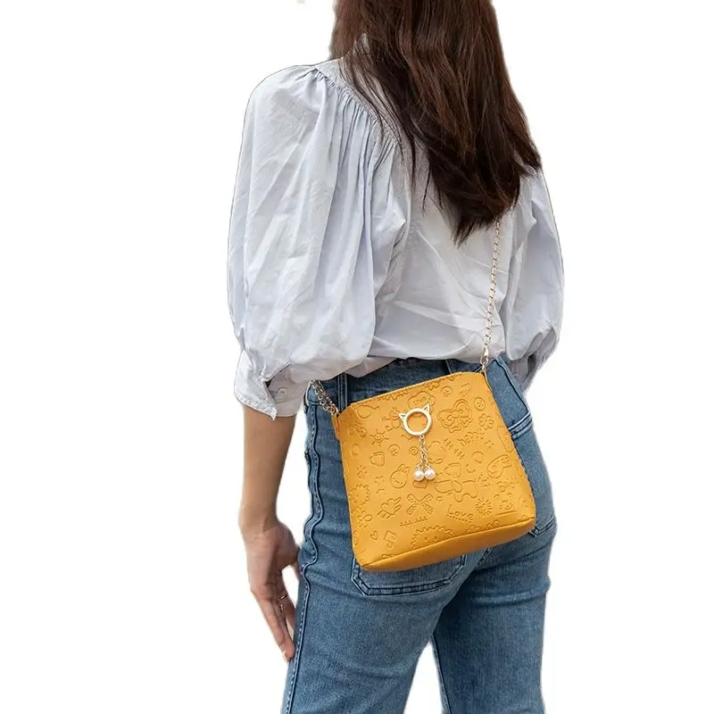 

Yellow Ladies Bag Small Bag Women's Cute Sweet Crossbody Shoulder Bucket Bag Metal Strap High Quality PU Made