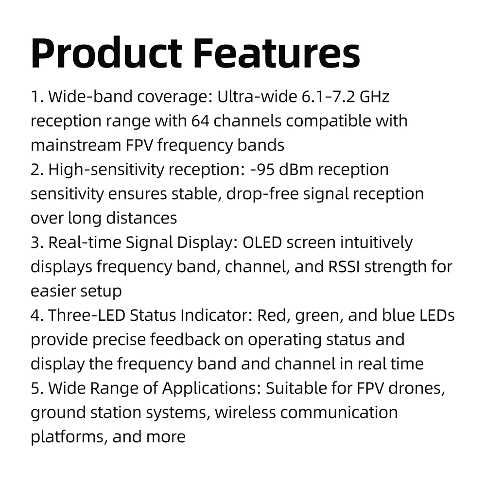 VRX-75DF FPV-Videoempfänger 6,1-7,2 GHz 64-Kanal-Analog für Drohnen mit 0,96-Zoll-OLED-Display – Detail 12