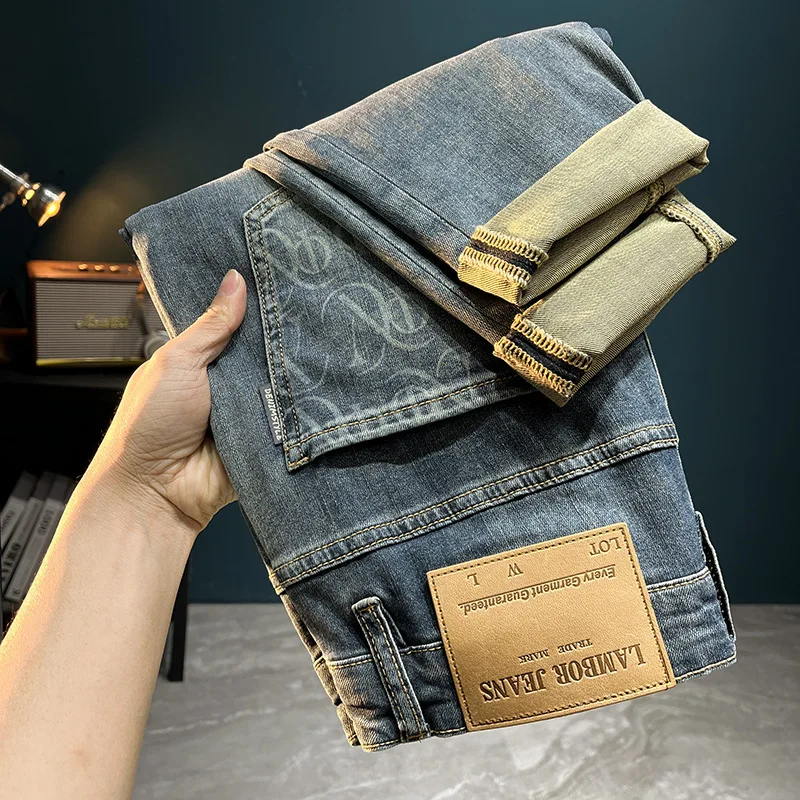 Cropped jeans men's summer2024new casual all-match fashion high-end Stretch Slim Fit Skinny printed pants