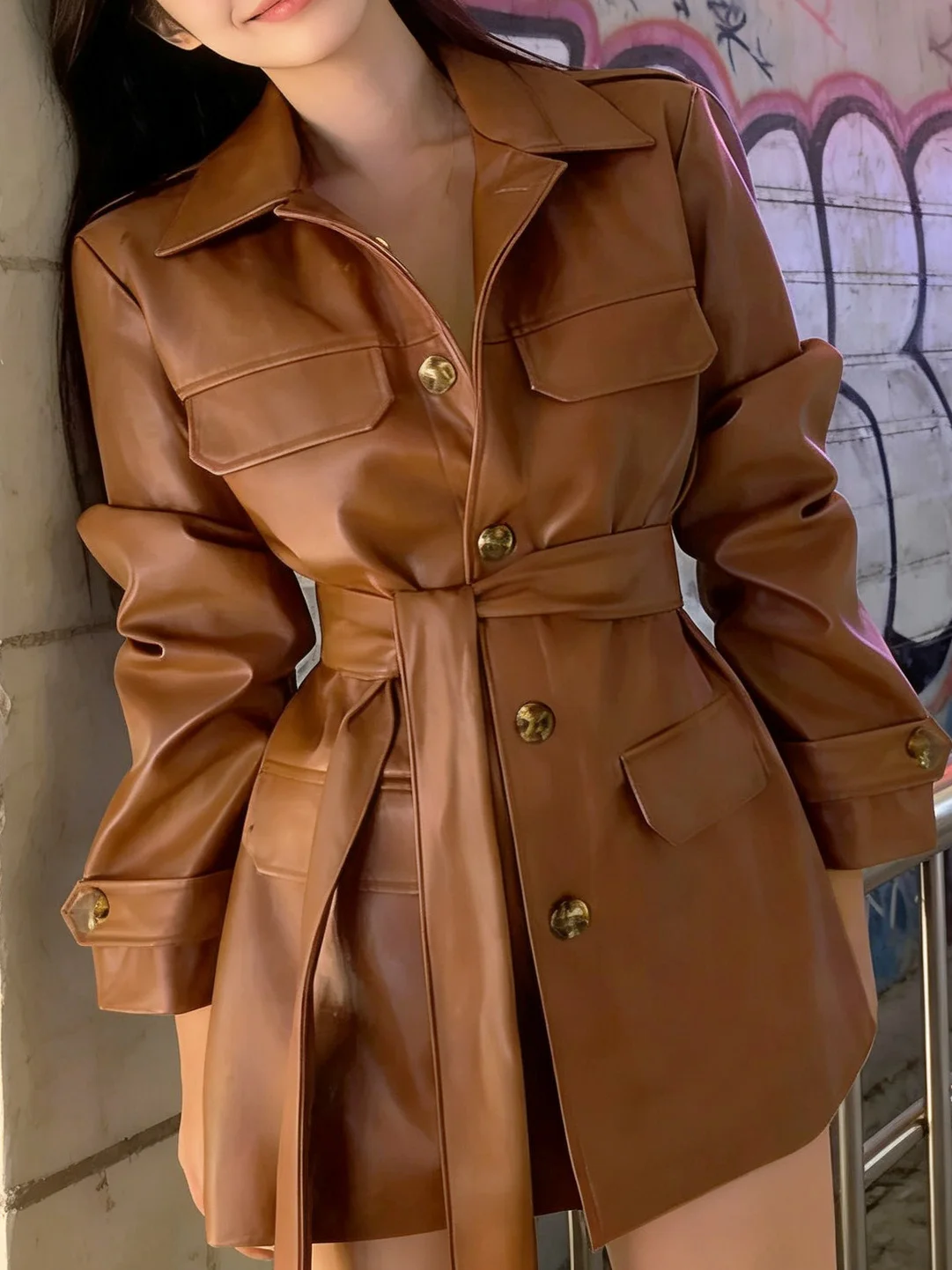 Retro Style Caramel PU Leather Jacket Women's Spring 2026 New Belted Mid-Length Motorcycle Coat Trendy Long Sleeve Coat
