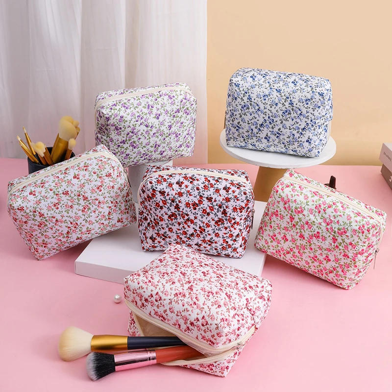 Bolsa de cosméticos con estampado de flores, organizador de almacenamiento de maquillaje con cremallera, bolso de aseo, bolsa de cosméticos de viaje