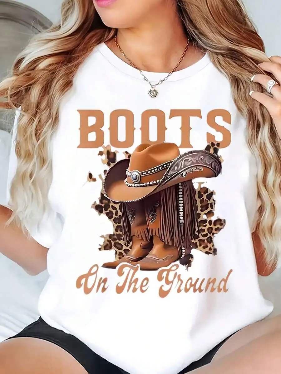 

Womens Western Graphic Tee Boots On The Ground Cowboy Hat Design Casual Short Sleeve Round Neck T-Shirt