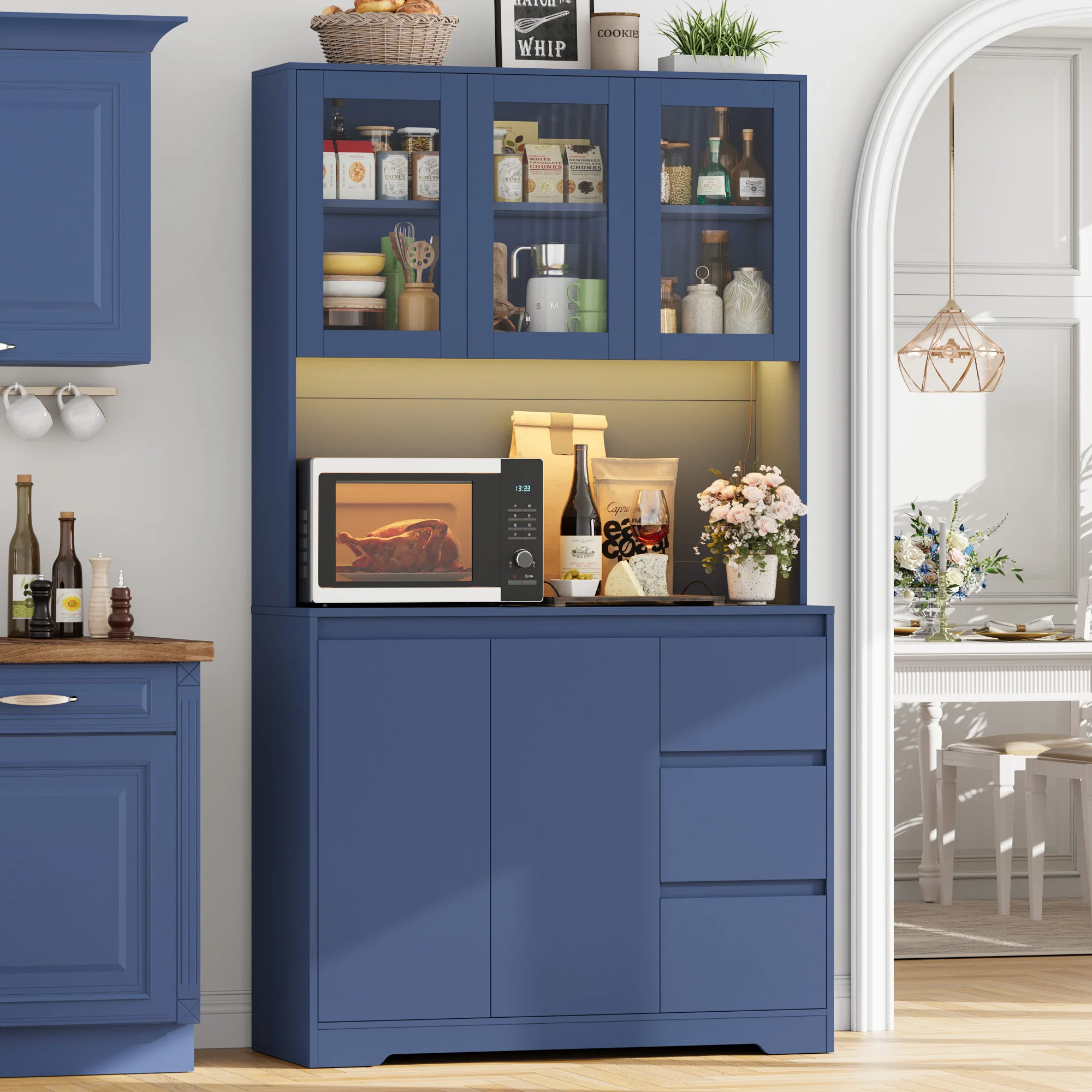 بوفيه مطبخ Getone مع LED، خزانة ملابس المطبخ، خزانة بوفيه مع 3 مقابس للأدراج، رف قابل للتعديل 100 × 38.5 × 180 سم