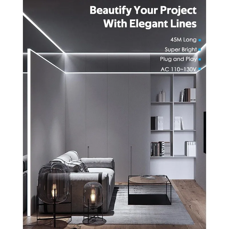 45 متر في الهواء الطلق النيون LED حبل أضواء مقاوم للماء 150ft التيار المتناوب 110 فولت ~ 130 فولت الباردة الأبيض النيون LED مرنة حبل ضوء مع وحدة تحكم عكس الضوء