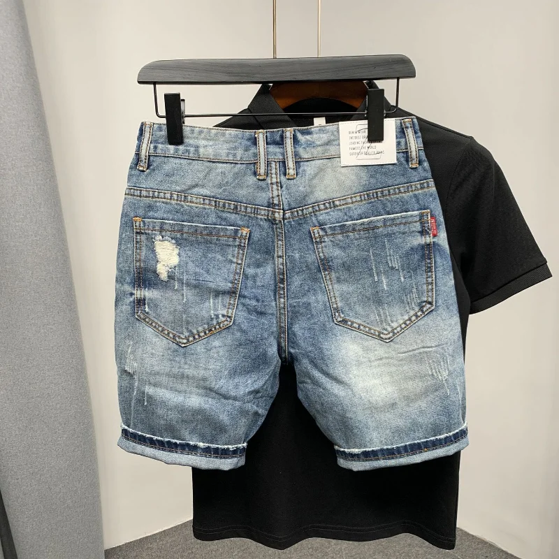 Ripped Straight Male Denim Shorts Graphic Multi Color Sale Korean Fashion Men\'s Short Jeans Pants Original Trend 2024 Luxury Cut