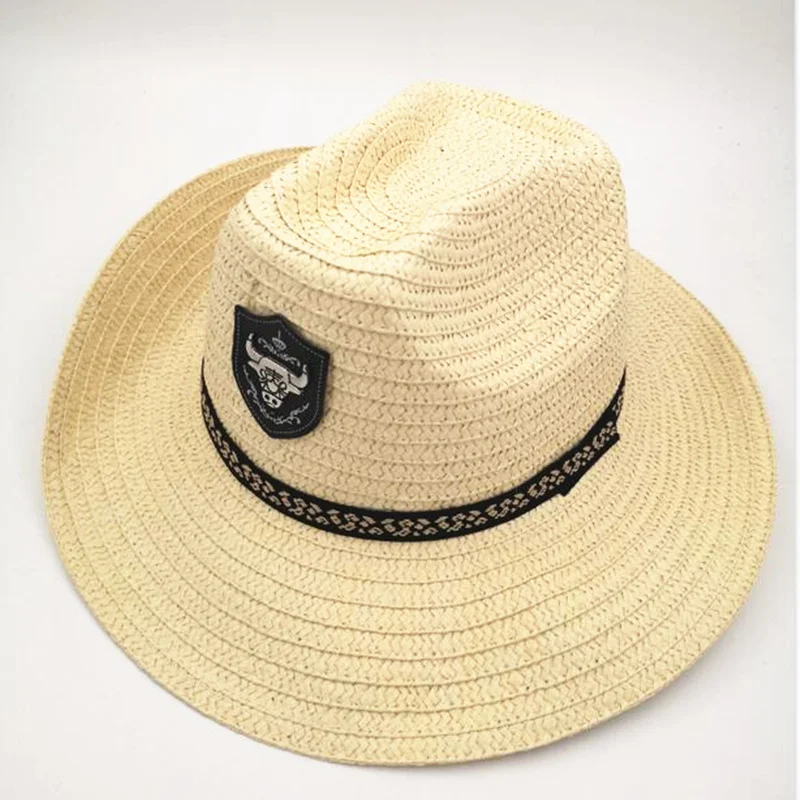 Summer Men Bull Badge Cowboy Straw Sunhat With Rope Jazz Hats Western With Wide Brim Caps Sun Protection Fedora Cap For Man