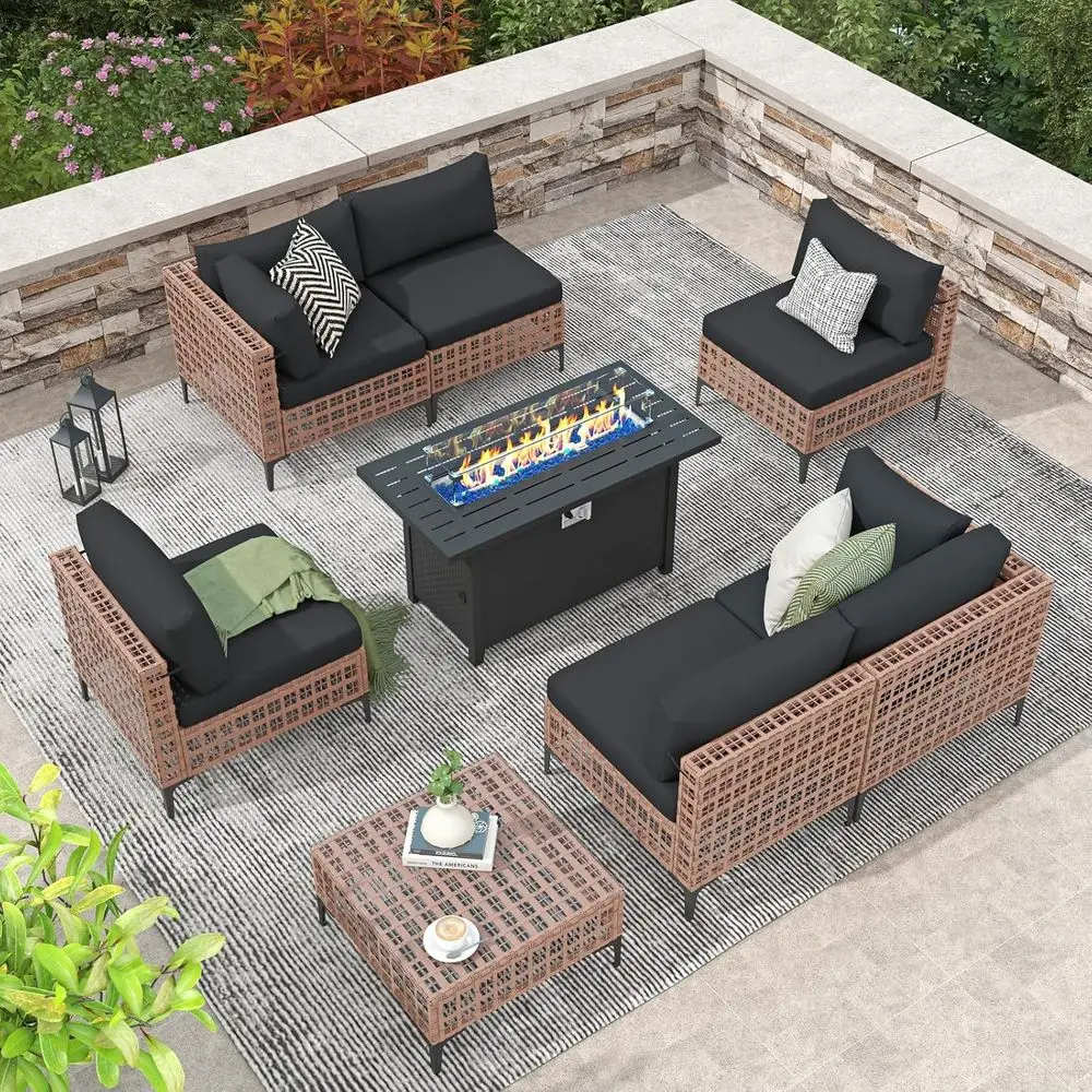 

8 Piece Wicker Patio urniture Set with 45” ire Pit Table,Natural-Colored PE Rattan Outdoor Sectional Soa, 50000 Propane ire Pit
