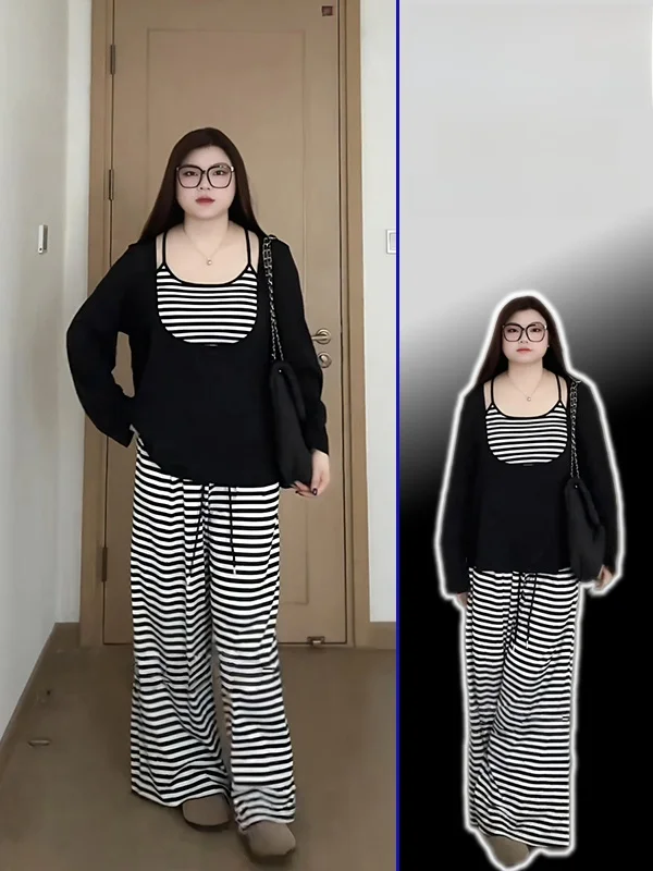 

plus Size Casual Sle Base Layer Vest Bla Anti-Aging Cover up Striped Wide Leg Pants Tee Piece Set for Women