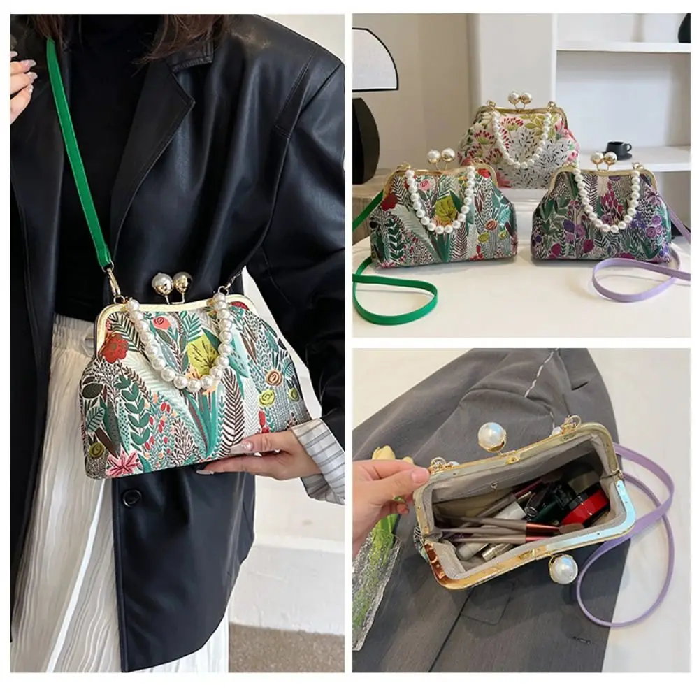 

Retro Embroidered Flower Purses and Handbags Canvas Pearl Chain Crossbody Bag Shell Shaped with Kiss Lock Closure Shoulder Bag
