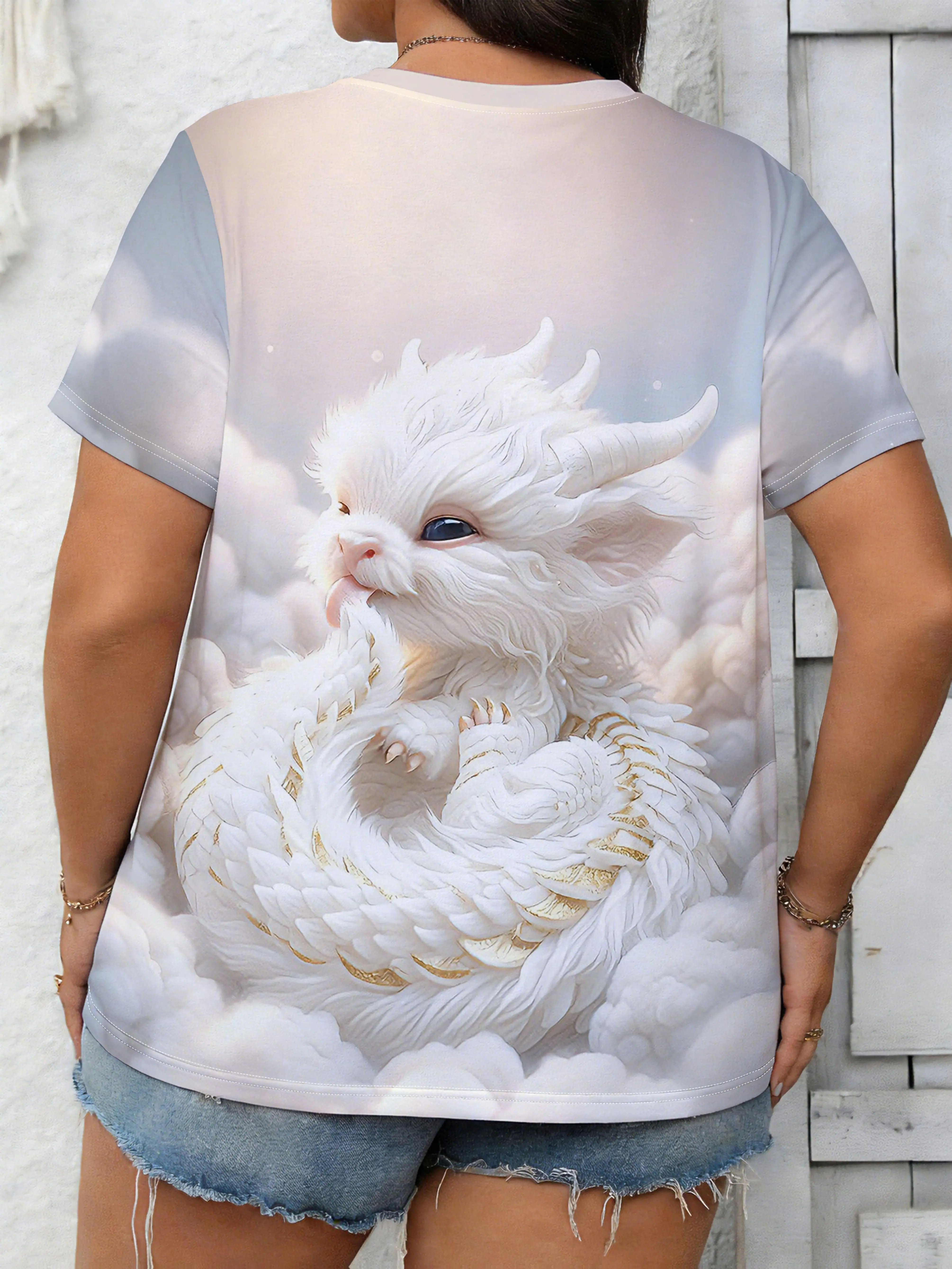 Women Crew Neck Short Sleeve T‑Shirt, Cute White Baby Dragon Cloud Fantasy Mythical Creature Graphic Casual Summer Tee