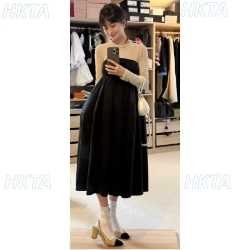Japanese Autumn New Temperament Elegant Long Sleeved Dress Retro Sweet Commuting Ruffle Edge Contrasting Color Maxi Dress Women