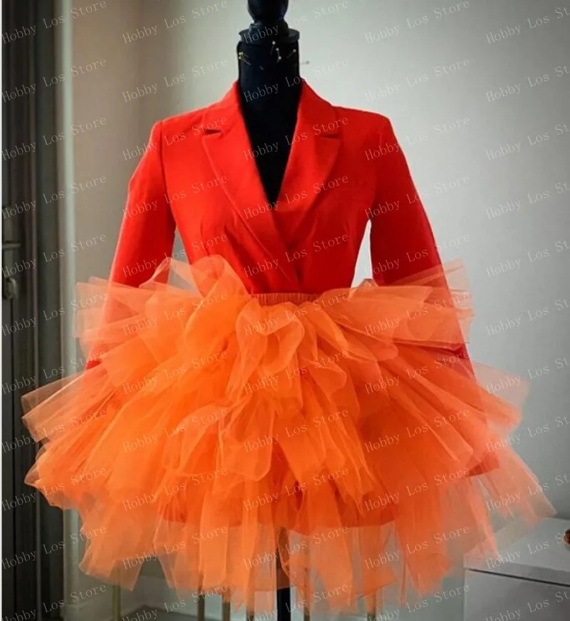 Nwe 2024 Real Image Hot Orange Mini Tulle Skirts Tiered Ruffles Short Tutu Skirt Women Elastic Custom Made Spring Tulle Skirt