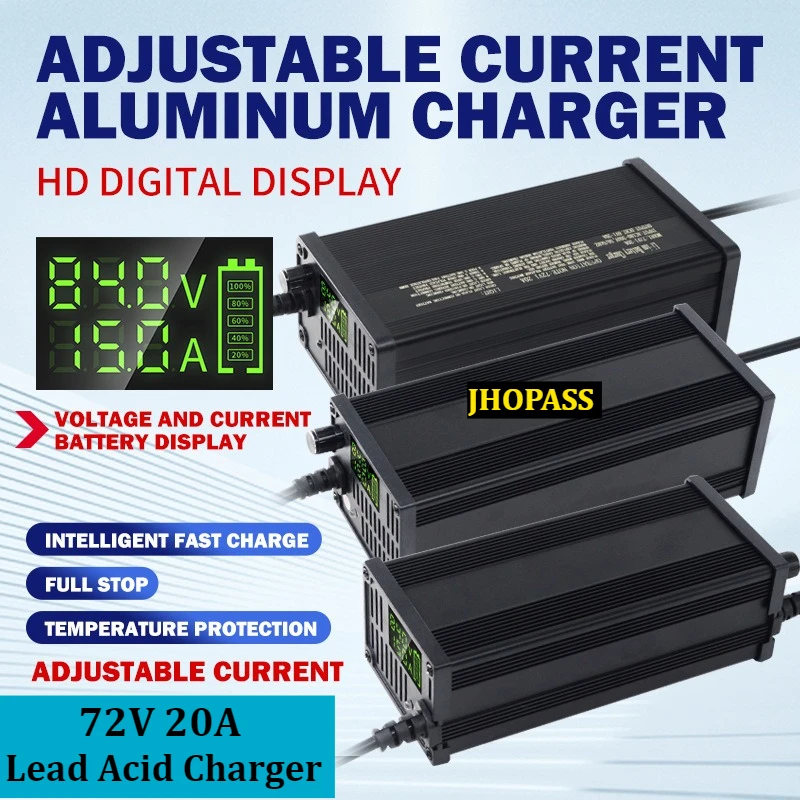 

Smart 72V 20A LCD Adjustable current Lead Acid Battery Charger for Four-wheeler NEV RV Motorcycle E-bike 220V UK US EU AU Plug