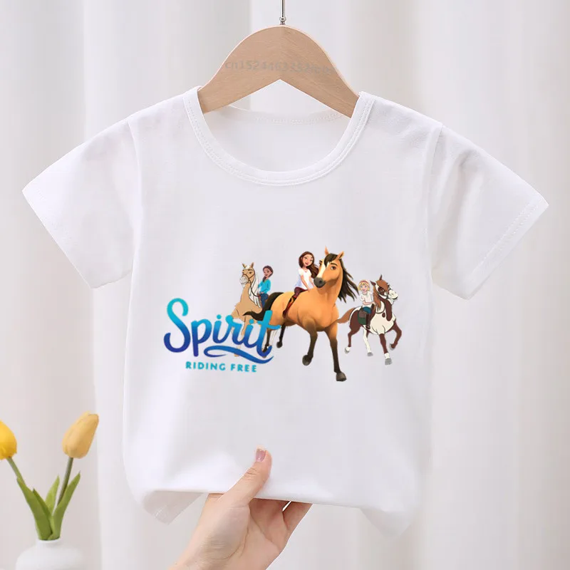 Lucky & Mustang Spirit Horse Cartoon Kids T-shirt Children's Clothes Summer Cute Baby Girls Clothing Boys Short Sleeve T shirts