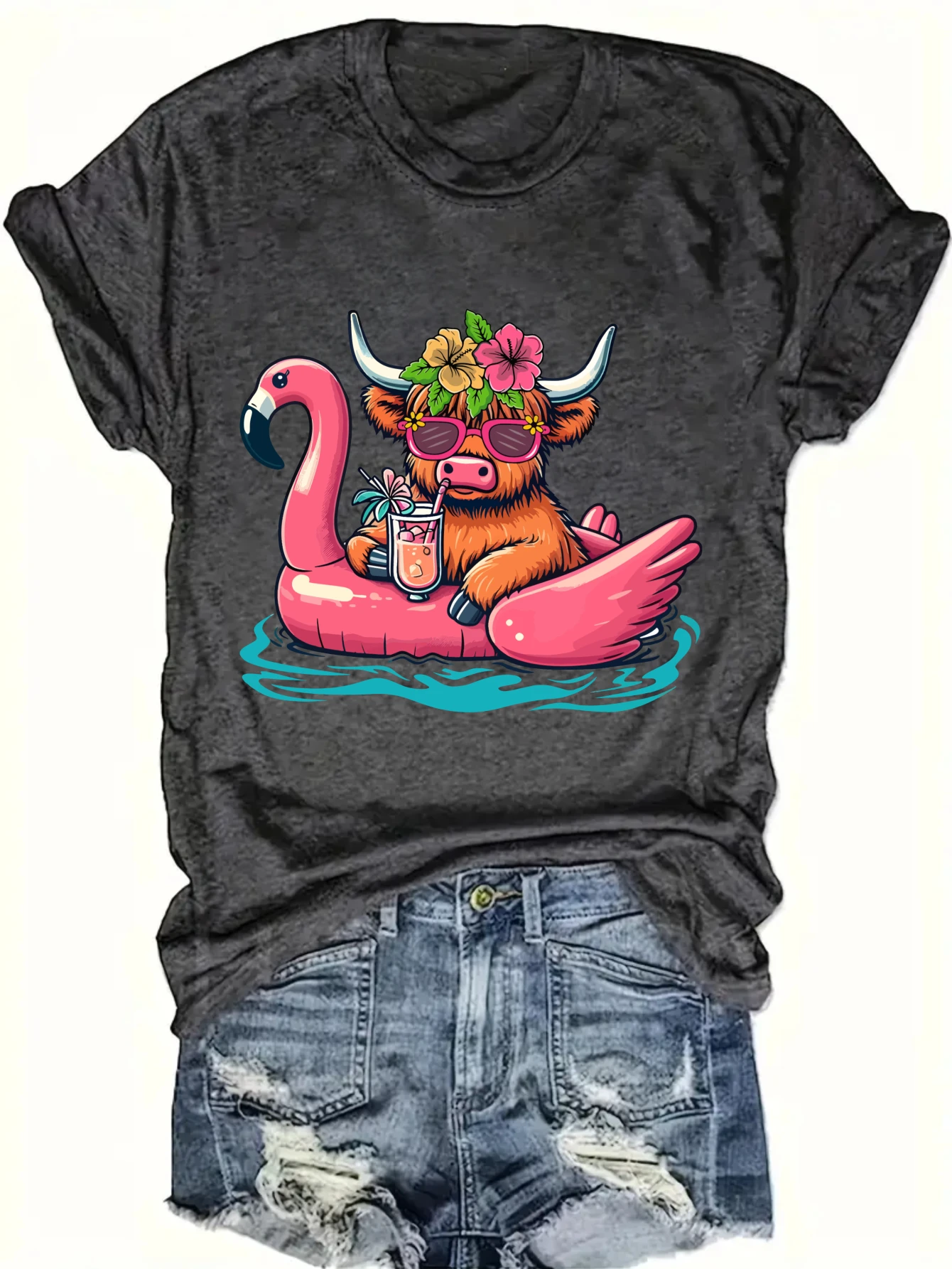 

Women's plus size tank top Bull On Flamingo Float With Drink Suitable for sports and daily wear Summer fashion tops womens