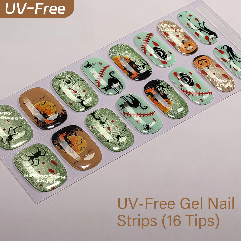 16Tips Sparkling Glitter Halloween Gel Nail Strips Snowflake Flower Baking Free UV Gel Nail Decals DIY Long Lasting Nail Sticker