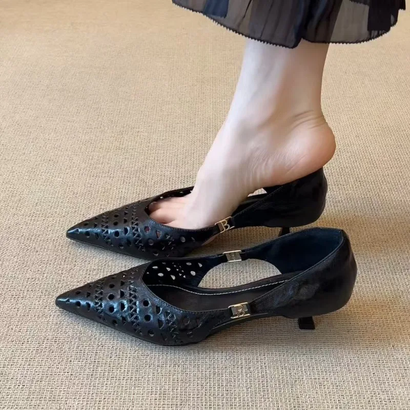 

Французские туфли на высоком каблуке с вырезами для лета 2026, остроносые, элегантные, с неглубоким вырезом, на тонком каблуке, сандалии с закрытым носком