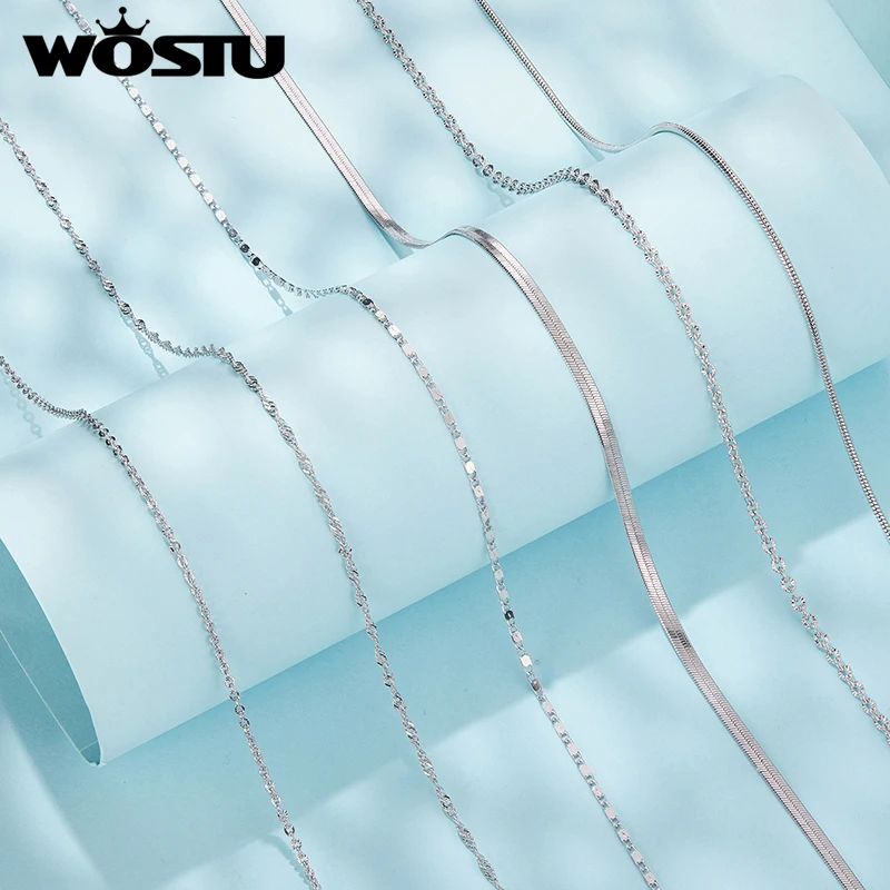 WOSTU White Gold Plated Cooper Flat Snake Necklaces, Cuban Chopin Chain Stackable Necklace Link Hypoallergenic Gift