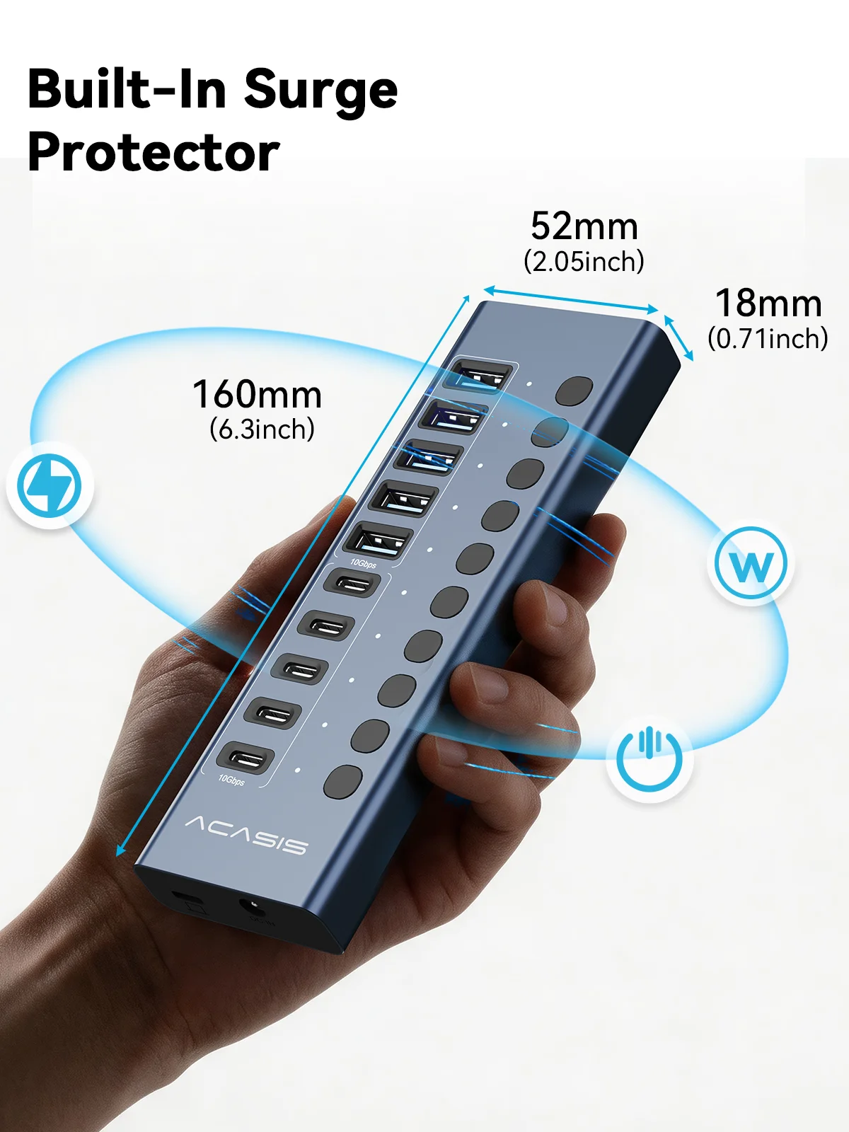 ACASIS 10Gbps 10/16 Portowy Hub USB 3.2 z Zasilaniem, Aluminiowy Rozszerzacz USB 3.2 Type-C Gen2 z Indywidualnymi Przełącznikami Włącz/Wyłącz — zdjęcie produktu 6