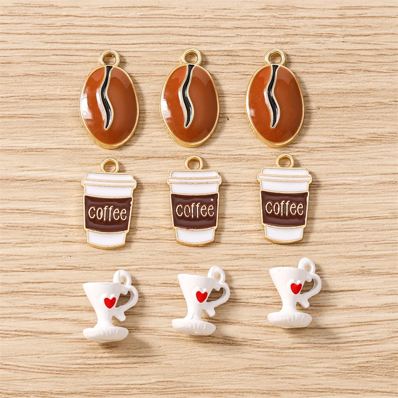 10 Stück süße Emaille-Kaffeebohnen-Tassen-Charms-Anhänger für Schmuckherstellung, Tropfen-Ohrringe, Halsketten, Armbänder, DIY-Bastelzubehör – Detail 2