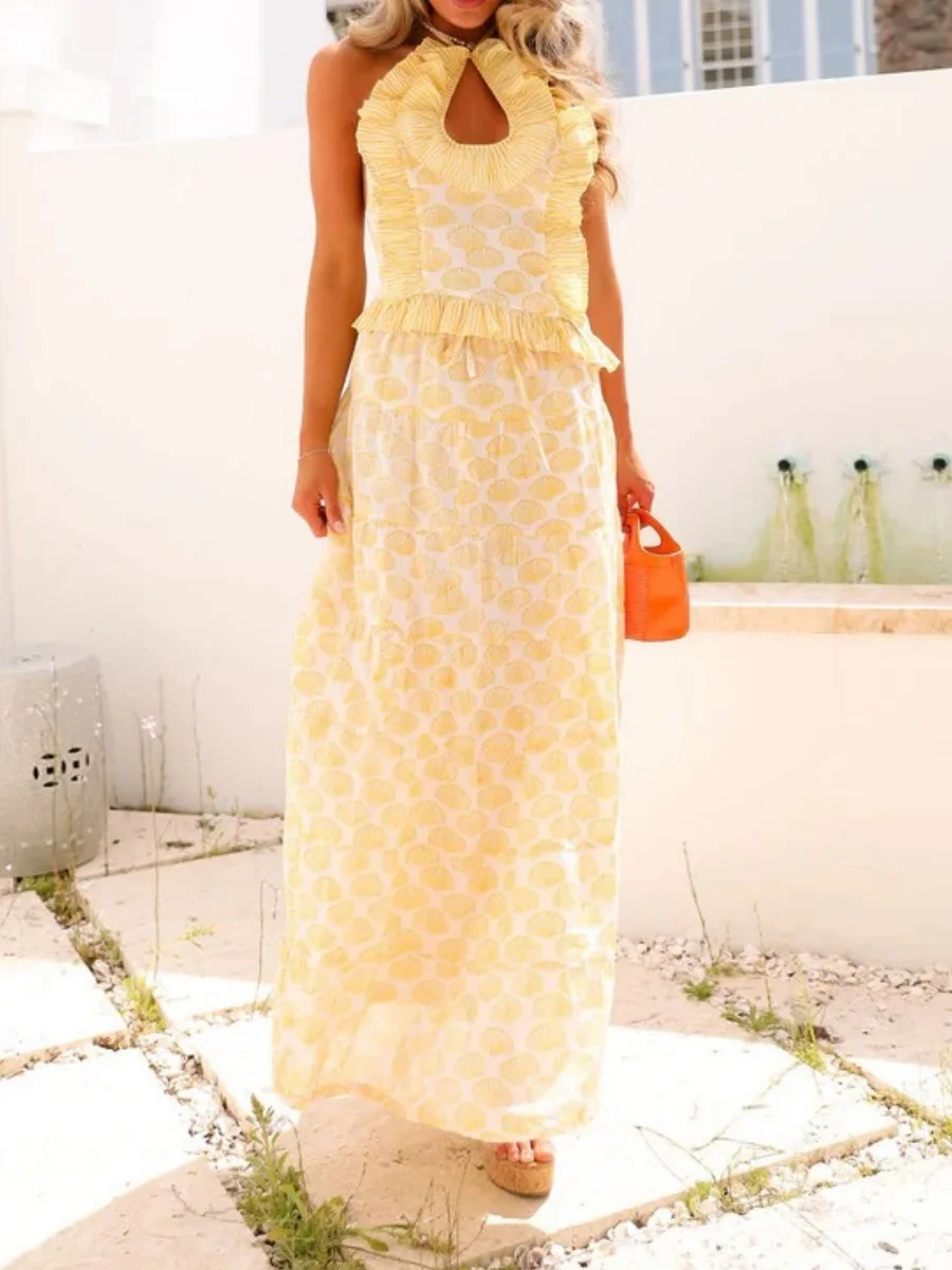 

Женские комплекты макси-юбки из двух предметов с цветочным принтом Y2k, топ на бретельках с открытой спиной, многоуровневая струящаяся длинная юбка, пляжная одежда в стиле бохо