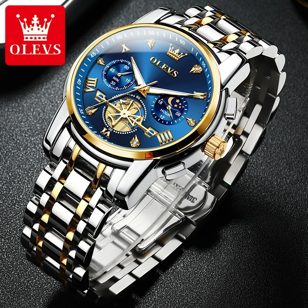 OLEVS Original Brand Men\'s Watches Classic Multifunctional Chronograph Quartz Wristwatch Moon Phase Waterproof  Business Watch