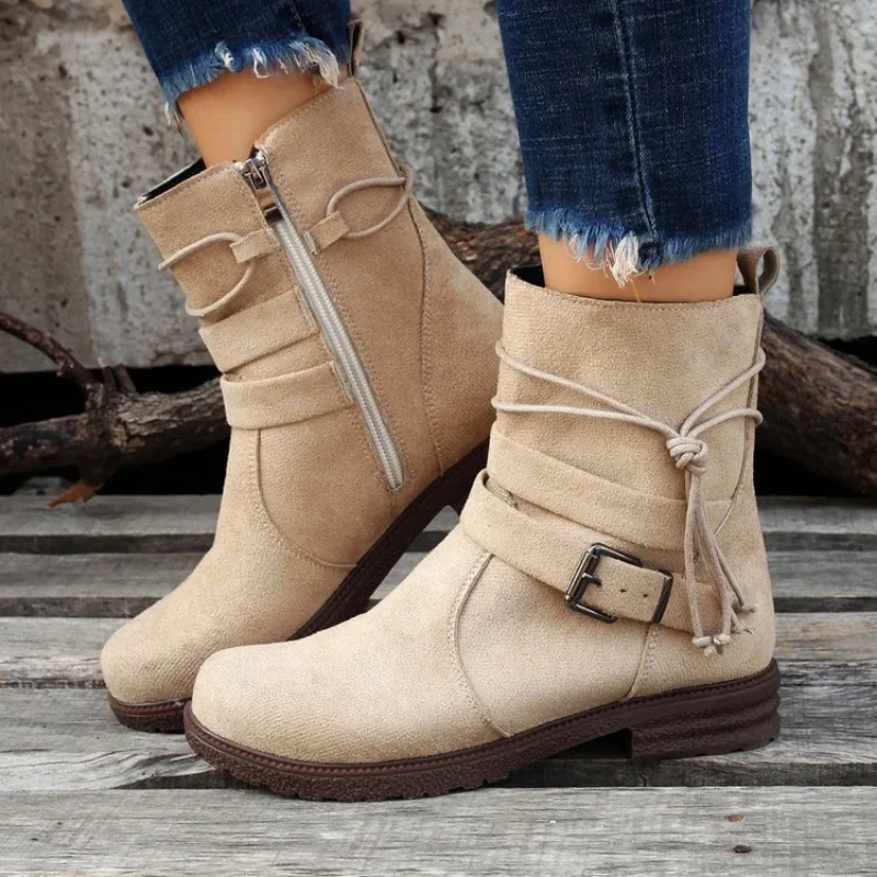 Botines Women Ankle Boot  Autumn New Retro Suede High Heel Boot Chunky Plus Size Casual Women Shoe Buckle Zipper Short Boot